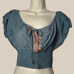 Paths Of The Spirit Teal Floral Short Puff Sleeve Ruched Front Tie Crop Top XL